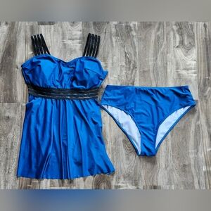 SHEIN Blue and Black One Piece Swimsuit with Ruched Bust